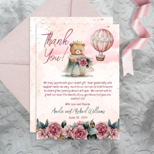 Carte De Remerciements Baby shower de fille de la petite princesse ours