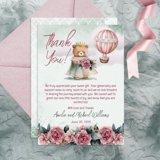 Carte De Remerciements Baby shower de fille de la petite princesse ours (Créateur téléchargé)