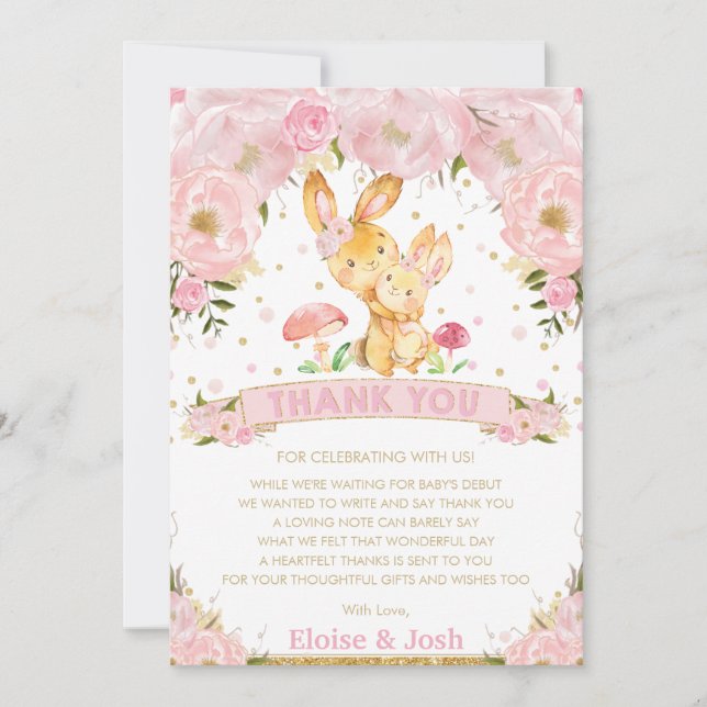 Carte De Remerciements Baby shower de fille de lapin à lapin rose (Devant)