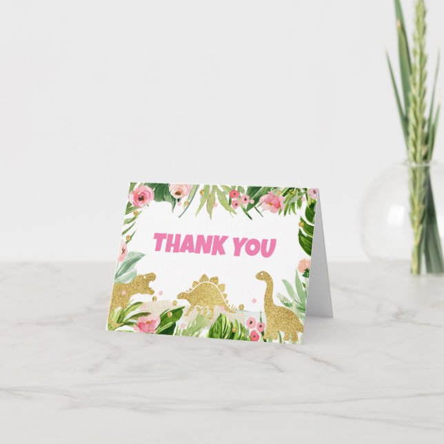 Carte de remerciements Baby shower de fille Dinosa (Devant)