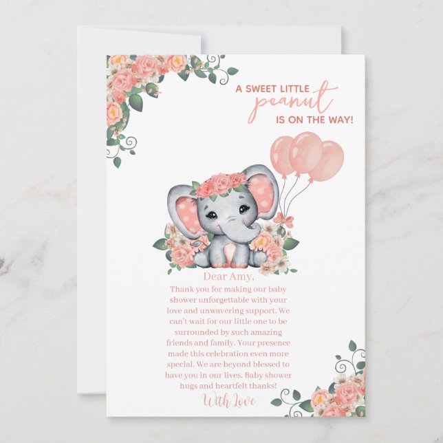 Carte De Remerciements Baby shower de fille éléphante (Devant)
