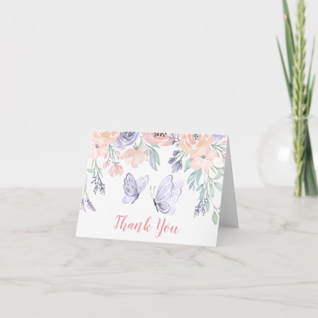 Carte De Remerciements Baby shower de fille papillon rose violet (Devant)