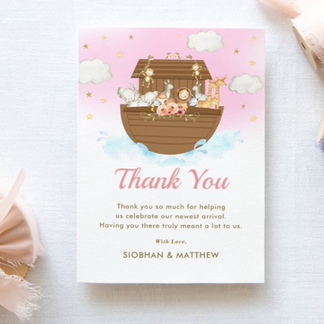 Carte De Remerciements Baby shower de fille rose Arche de Sweet Noah (Créateur téléchargé)