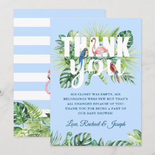 Carte De Remerciements Baby shower de Flamant rose Feuille bleu clair