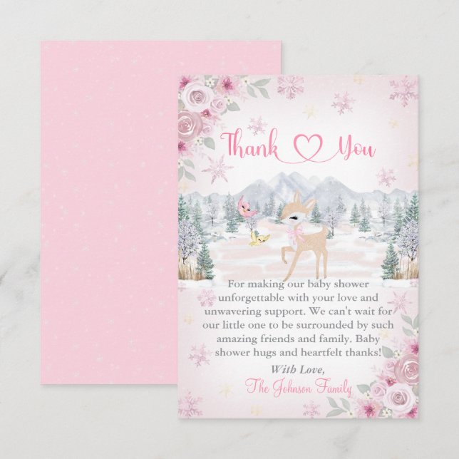 Carte De Remerciements Baby shower de flocon rose cerf d'hiver (Devant / Derrière)