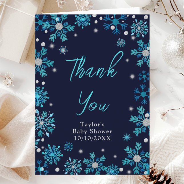 Carte De Remerciements Baby shower de flocons de neige bleus et argentés (Créateur téléchargé)