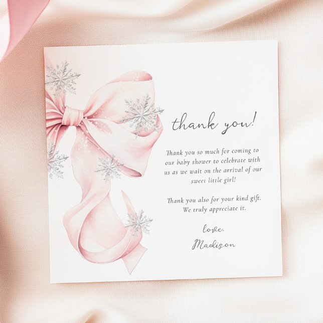 Carte De Remerciements Baby shower de flocons de neige rose Bow Winter (Créateur téléchargé)