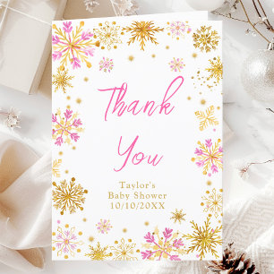 Carte De Remerciements Baby shower de flocons de neige rose et or