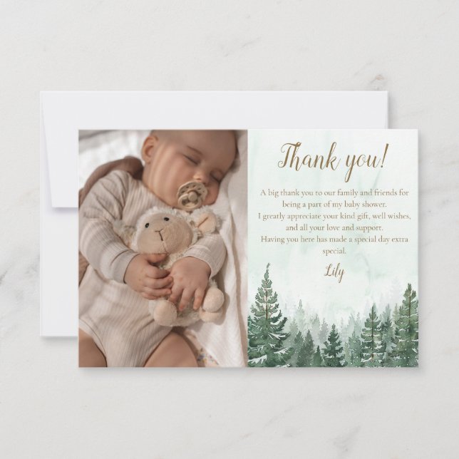 Carte De Remerciements Baby shower de forêt de pins rustiques (Devant)