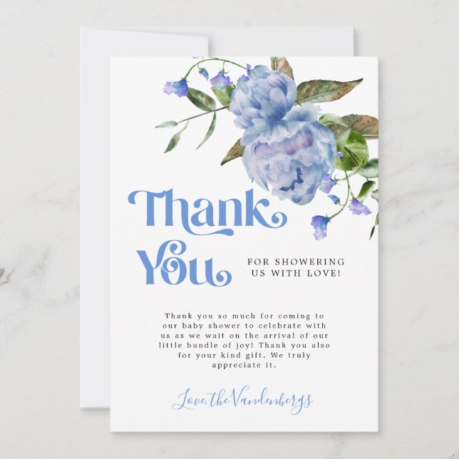 Carte De Remerciements Baby shower de garçon à fleurs bleu aquarelle (Devant)
