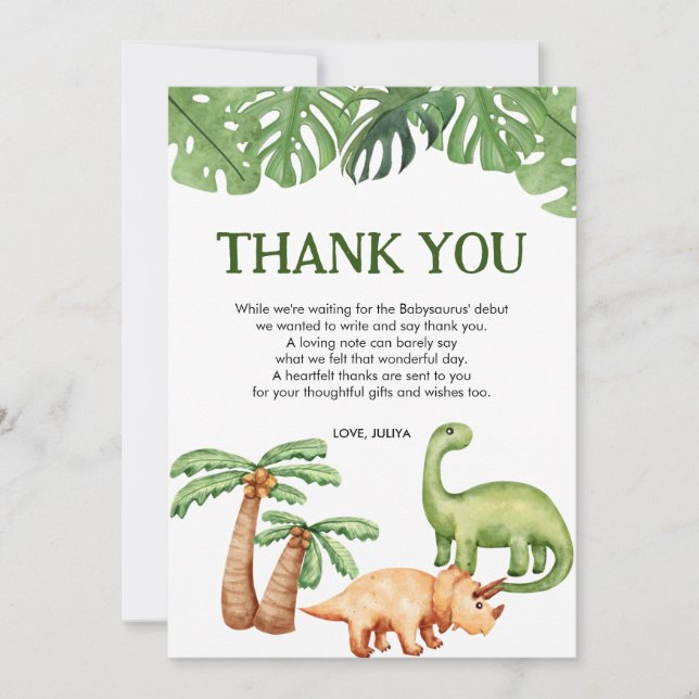 Carte De Remerciements Baby shower de garçon Dinosaure Tropical (Devant)