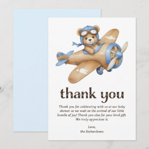 Carte De Remerciements Baby shower de garçon pilote d'ours en peluche