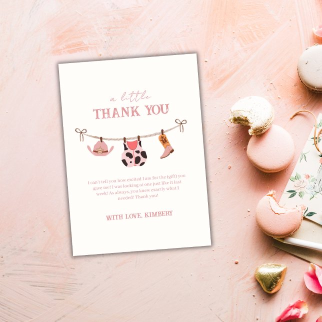 Carte De Remerciements Baby shower de ligne de vêtements Boho moderne ros (Pink Modern Boho Cowgirl Clothesline Baby Shower Thank You Card)