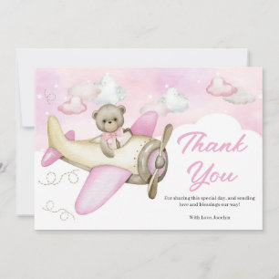 Carte De Remerciements Baby shower de l'ours rose en tourbe de l'avion