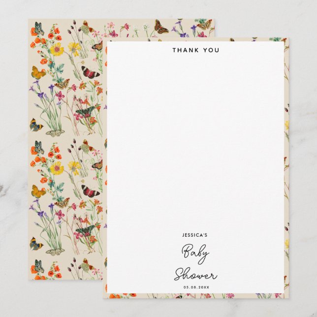 Carte De Remerciements Baby shower de papillons Fleur sauvage aquarelle (Devant / Derrière)