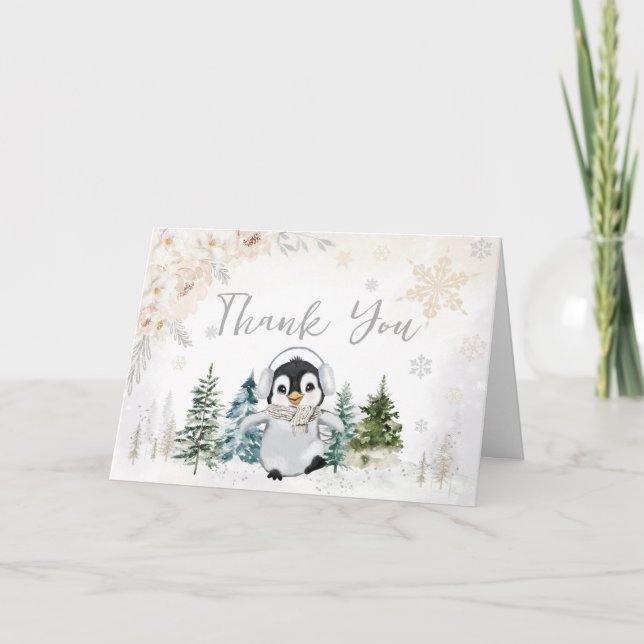 Carte De Remerciements Baby shower de Penguin de l'Arctique d'hiver (Devant)