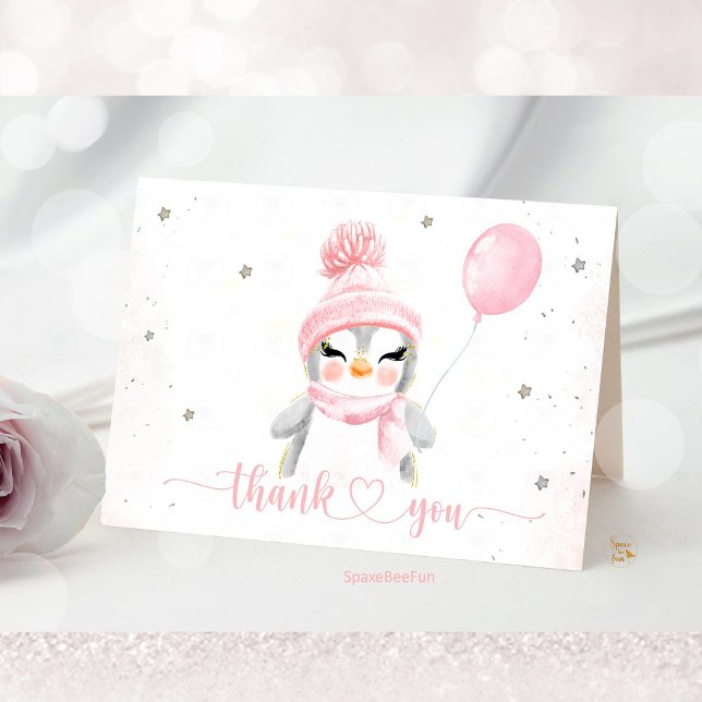 Carte De Remerciements Baby shower de pingouin d'hiver (Penguin baby shower thank you card, penguin theme thank you cards, personalized penguin baby shower )
