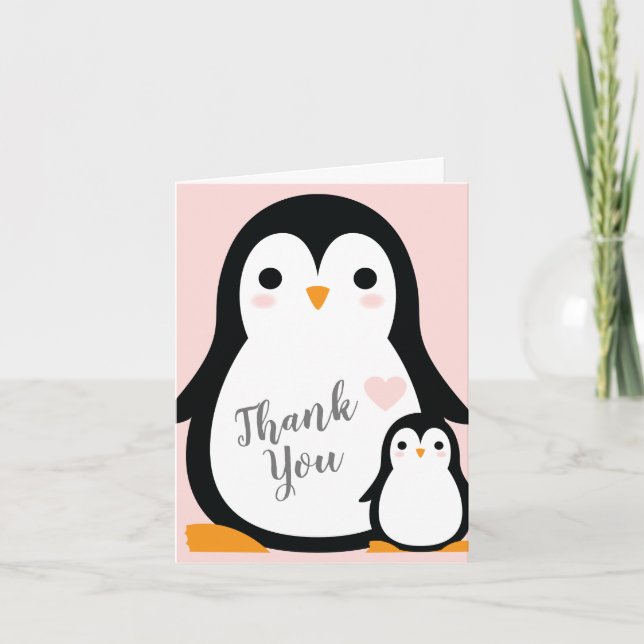 Carte De Remerciements Baby shower de pingouin rose (Devant)