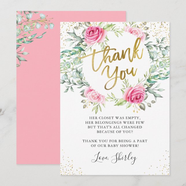 Carte De Remerciements Baby shower de script or rose Floral Greenery (Devant / Derrière)