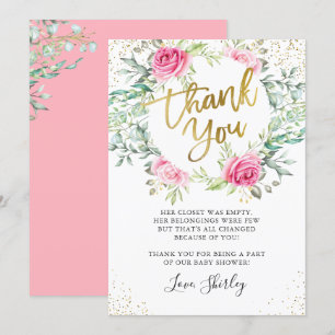 Carte De Remerciements Baby shower de script or rose Floral Greenery
