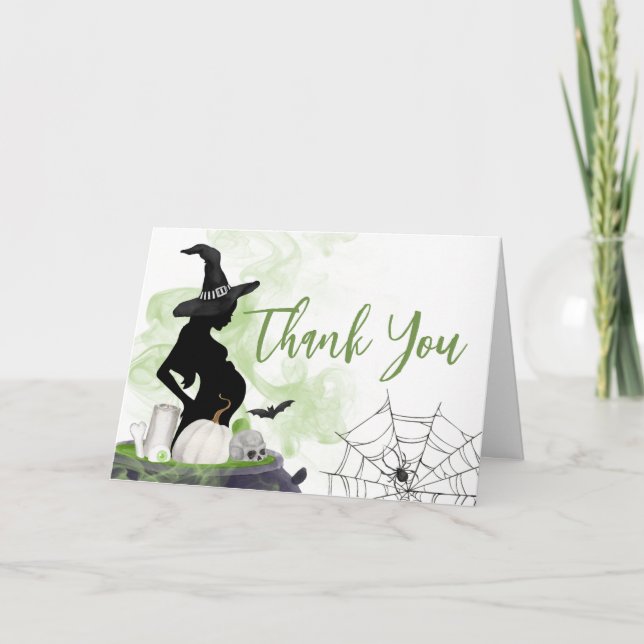Carte De Remerciements Baby shower de sorcière brasseuse pour bébé vert (Devant)