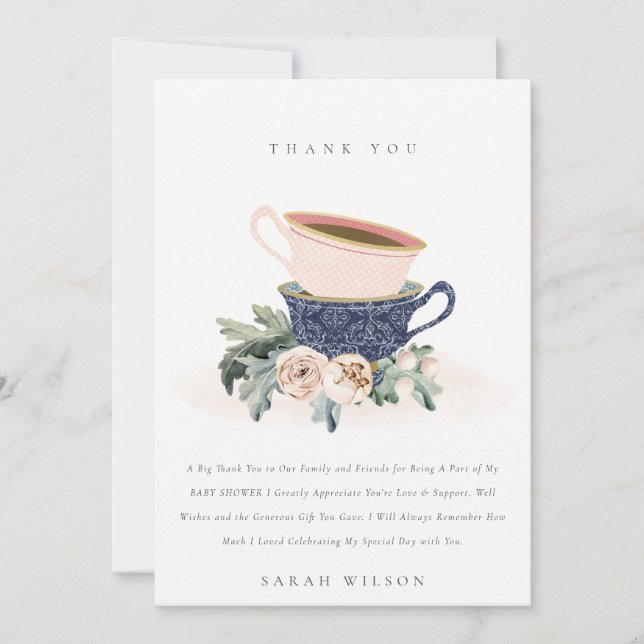 Carte De Remerciements Baby shower de tasses à thé bleu flou (Devant)