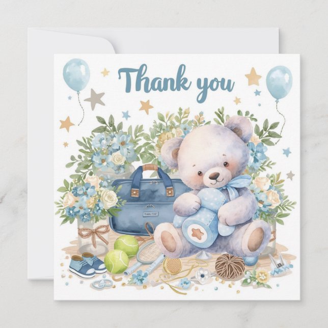 Carte De Remerciements Baby shower de tennis pour bébé garçon bleu thème (Devant)