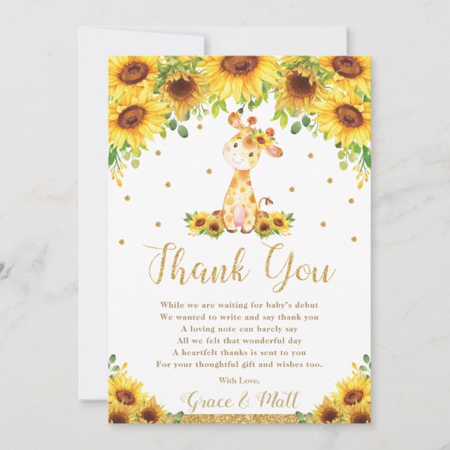 Carte De Remerciements Baby shower de tournesol Giraffe (Devant)
