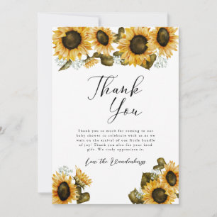 Carte De Remerciements Baby shower de tournesol jaune rustique