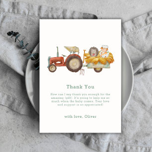 Carte De Remerciements Baby shower de tracteur de ferme de hérisson blanc