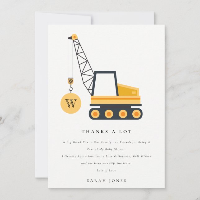 Carte De Remerciements Baby shower de véhicule de grue de construction mi (Devant)