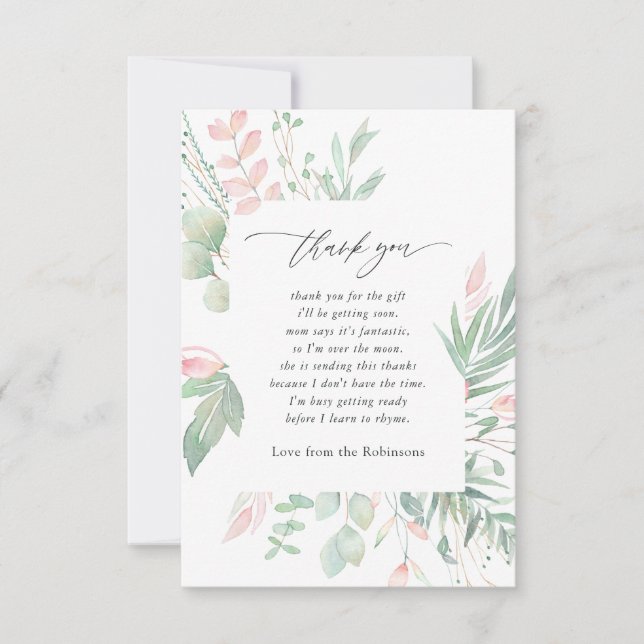 Carte De Remerciements Baby shower de verdure Pastel Blush (Devant)