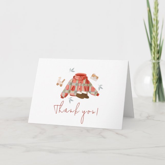 Carte De Remerciements Baby shower de vêtements d'hiver simples rouges (Devant)