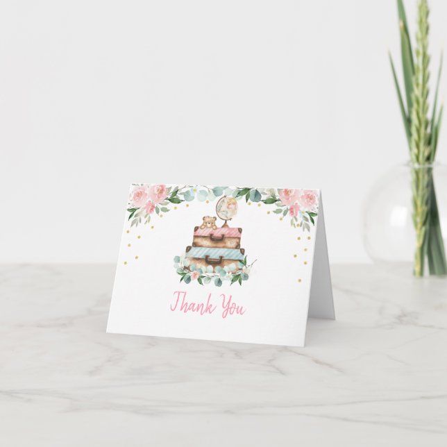 Carte De Remerciements Baby shower de voyage rose or Floral (Devant)
