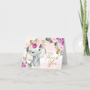 Carte De Remerciements Baby shower d'éléphant à violet rose tropical Anni