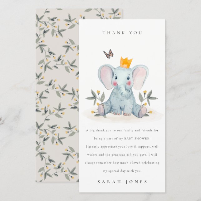 Carte De Remerciements Baby shower d'éléphant de fermentation mignon en b (Devant / Derrière)
