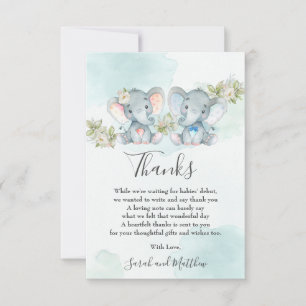 Carte De Remerciements Baby shower d'éléphant de fille-garçon jumelle à c