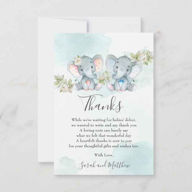 Carte De Remerciements Baby shower d'éléphant de fille-garçon jumelle à c (Devant)