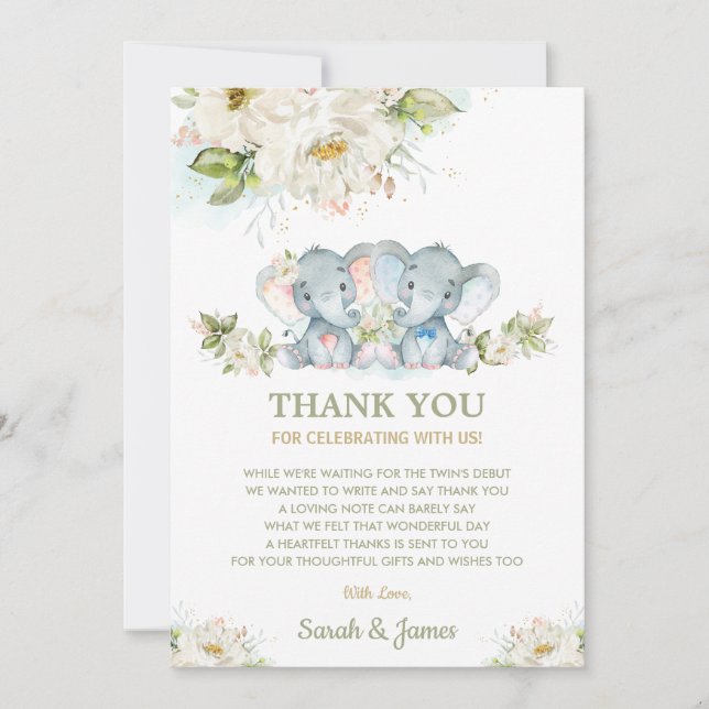 Carte De Remerciements Baby shower d'éléphant des jumeaux floraux d'ivoir (Devant)