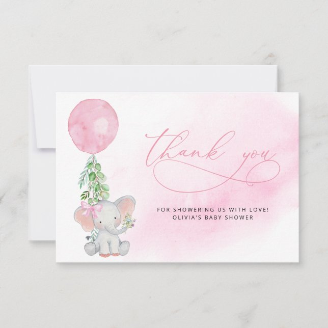 Carte De Remerciements Baby shower d'éléphant d'Eucalyptus rose (Devant)