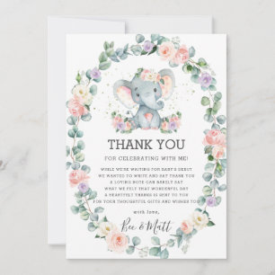 Carte De Remerciements Baby shower d'éléphant Pink Purple Floral