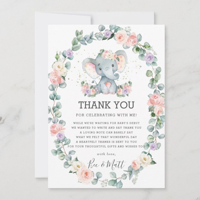 Carte De Remerciements Baby shower d'éléphant Pink Purple Floral (Devant)