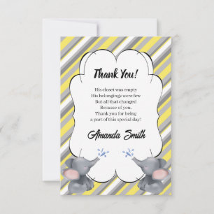 Carte De Remerciements Baby shower d'éléphant rayé gris et jaune