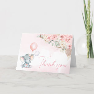 Carte De Remerciements Baby shower d'éléphant rose à ballon