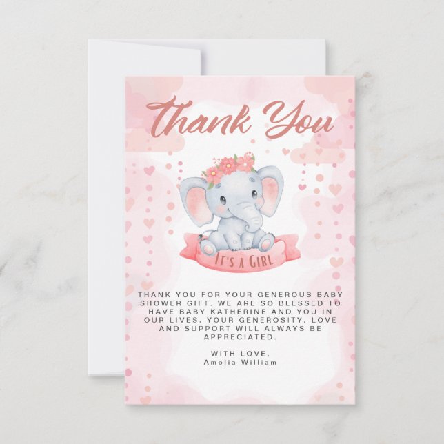 Carte De Remerciements Baby shower d'éléphant rose fille (Devant)