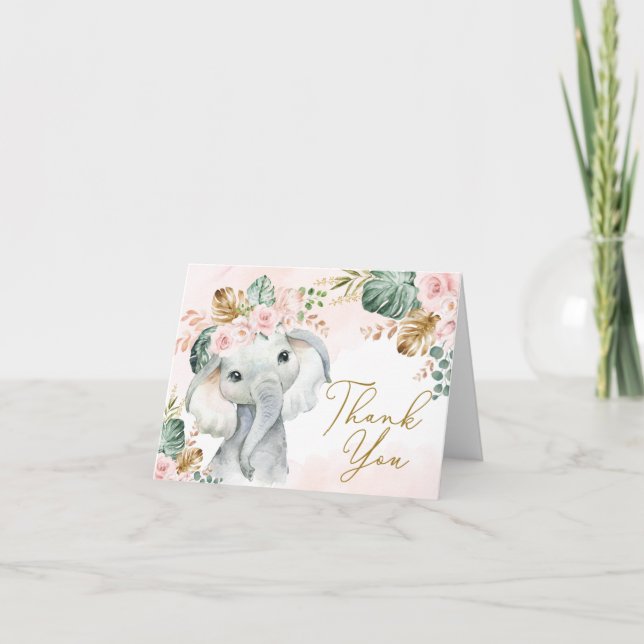 Carte De Remerciements Baby shower d'éléphant rose tropicale Anniversaire (Devant)