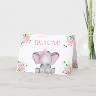 Carte De Remerciements Baby shower d'éléphants floraux rose