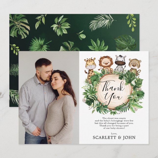 Carte De Remerciements Baby shower des animaux sauvages de la Jungle trop (Devant / Derrière)