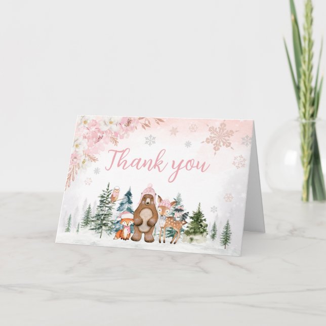 Carte De Remerciements Baby shower des bois d'hiver pour filles (Devant)