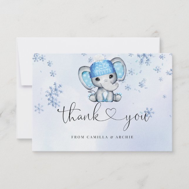 Carte De Remerciements Baby shower des éléphants d'hiver (Devant)